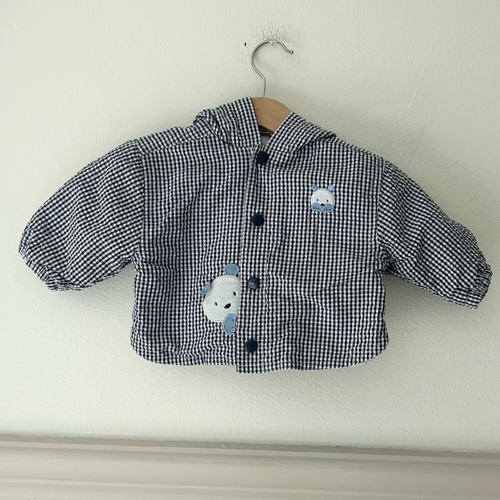 Vintage Carter's Baby 3-6 Months Gingham Hooded Jacket Bear Embroidered
